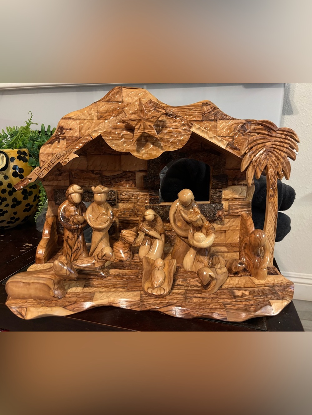 Hand-Carved Olive Wood Nativity Set - Brown